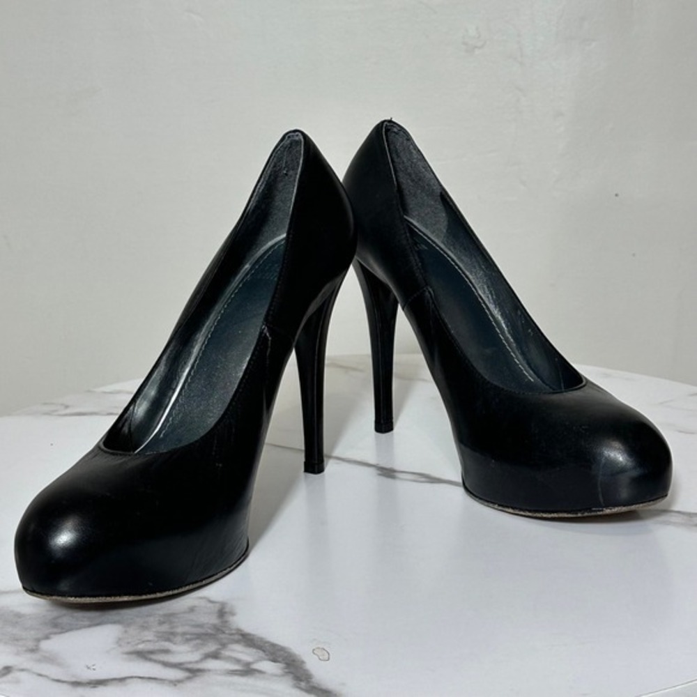 VTG Y2K Stuart Weitzman Black Leather Platform Heels 8.5 Minimalist Quiet Luxury